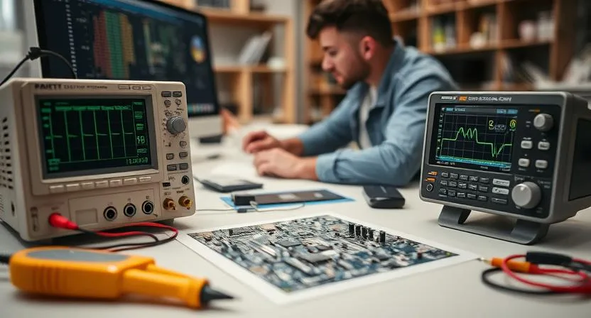 Photo46 Woglab - professional approach to design. Engineer at work. On the table: PCB, oscilloscope, multimeter, measuring equipment.