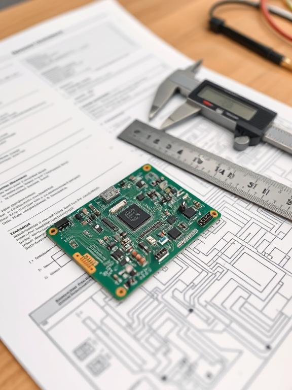 Photo88 Профессиональная трассировка печатных плат (PCB): инженер анализирует схему и техническое задание перед проектированием. На столе – печатная плата, измерительные инструменты (штангенциркуль, линейка).